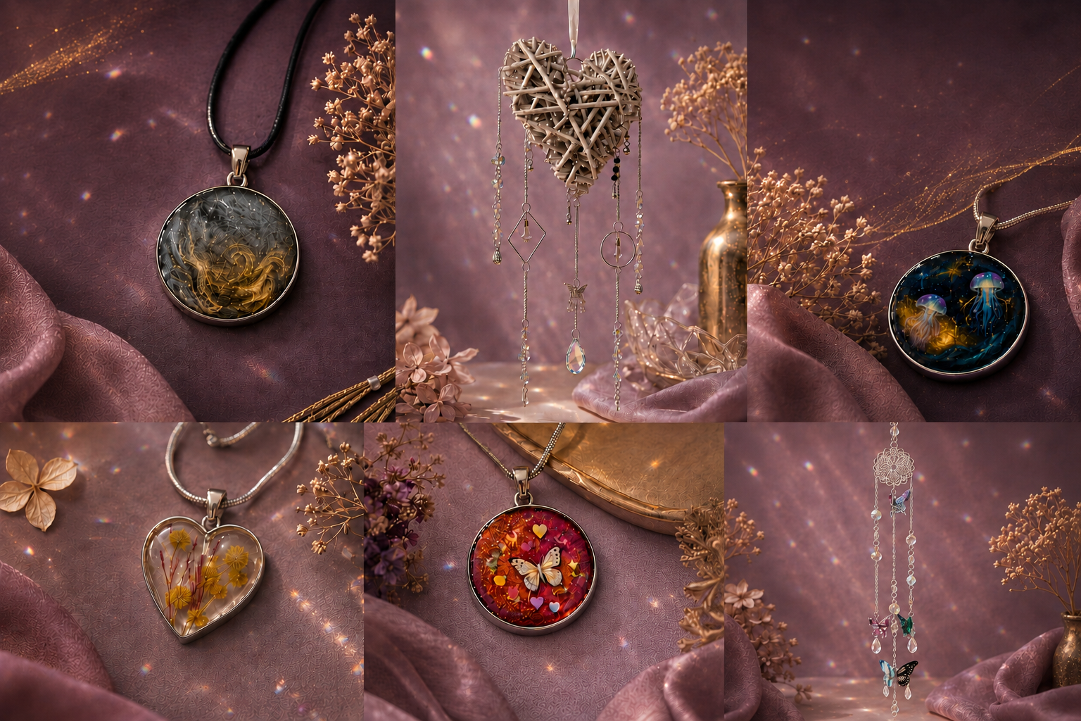 Créations artisanales Catal’ine : bijoux en résine et attrape-soleil aux reflets mauves et dorés